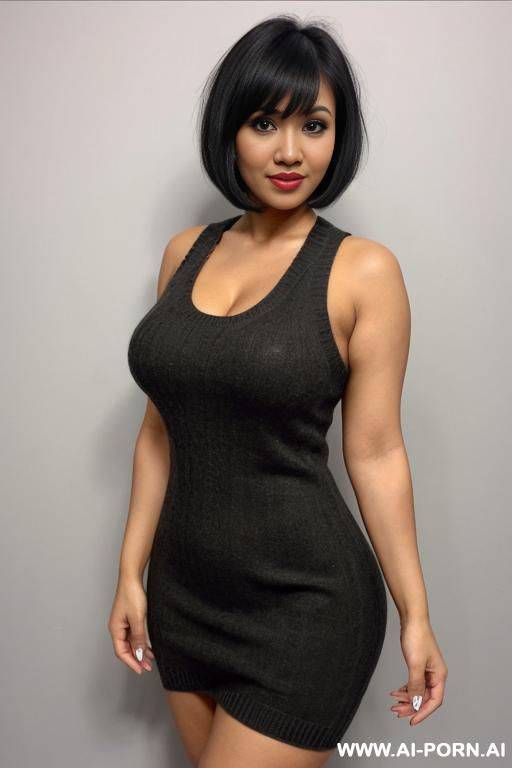 tank top sweater dress with cutout, side swept bangs hairstyle, short hair - #main