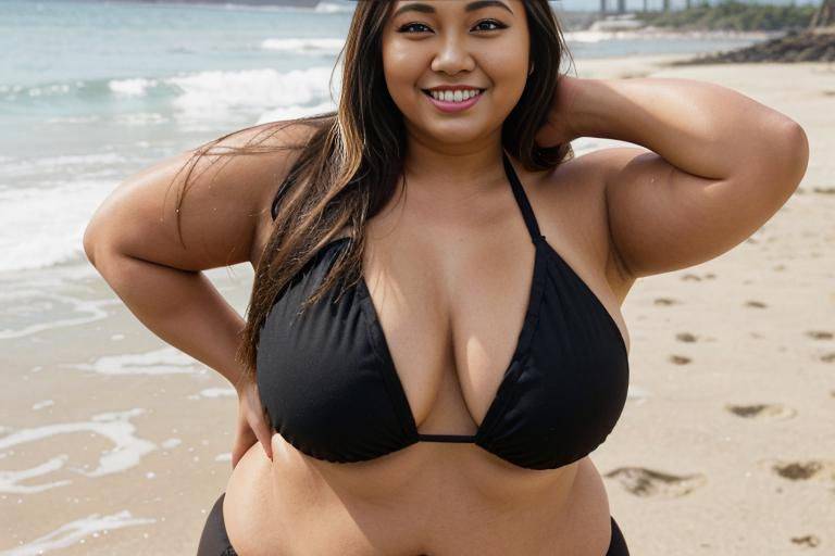 a fat chubby shorty filipina milf is stripping out of a black bikini. the woman is happy and she is dancing. the woman has long brown straight hair with blonde highlights. the woman was a - #main