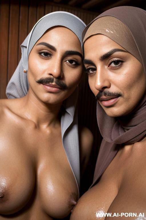 hairy arab lesbian milf with a mustache and wearing hijab touching hairy arab woman wearing a hijab in a sauna - #main