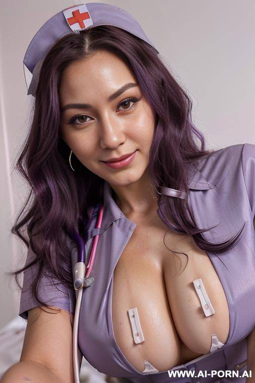 close!, immersive expression, lovingly craving russian, flowing wavy purple hair, closeup in luxurious clothes, she is seductively tanned, pleasure, real-life sei-ra sodes-hiro! - #main