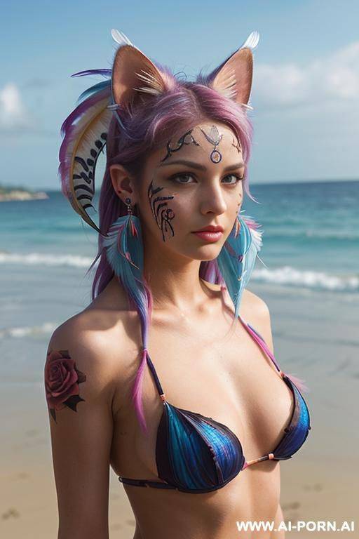 face, sexy, beautiful, ((face painting)), ((bikini as seashell)), ((tattoo roses)), ((eyes shw)), ((angel wings)), ((rainbow hair)), ((long bu hair)), ((wind)), (( cat face)), (( cat ears)), (((feather - #main