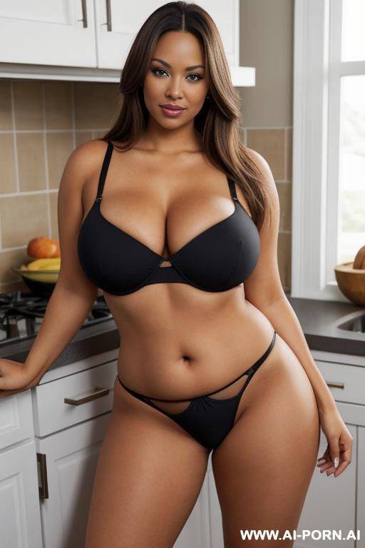 brown hair with blonde highlights, no makeup, wearing black thong panties, wide hips, big hips, big ass, thick thighs, fair skin, fat ass, huge sagging breasts - #main