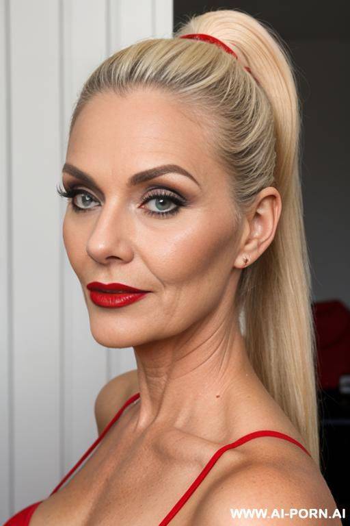 long ponytail, blonde, red lipstick, makeup, normal, matured old milf - #main
