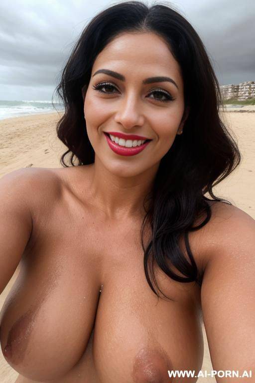 (((beautiful sexy attractive))) milf, beach, overcast cloudy day with diffuse soft light, (eye contact), happy smile, naked, [[lipstick]] - #main