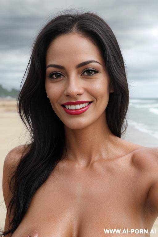 (((beautiful sexy attractive))) naked milf, beach, overcast cloudy day with diffuse soft light, (eye contact), happy smile, [lipstick] - #main