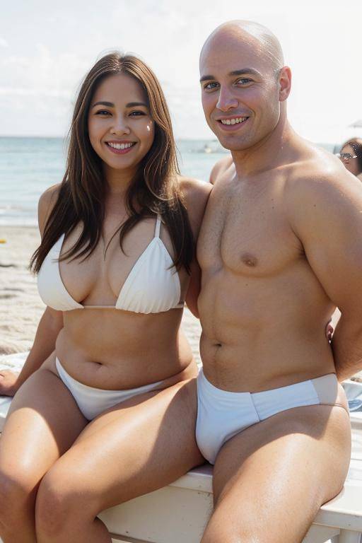 beach festival, summer party. a fat chubby shorty filipina milf is posing with her friend a tall handsome fit american man. she has blonde highlights in her hair. the woman is sitting. the - #main