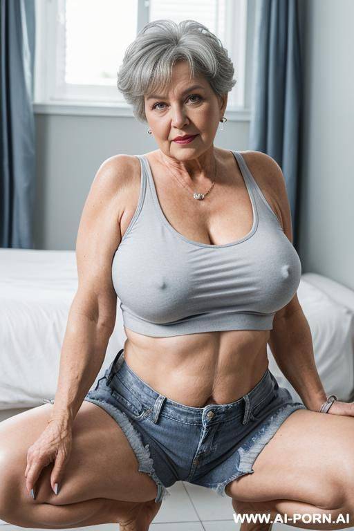 0-year-old grandmother, full body, squatting, lady, short gray hair, clearly visible age marks, triangular hips, thick thighs, wearing blue denim shorts and a white tank top, double bedroom - #main