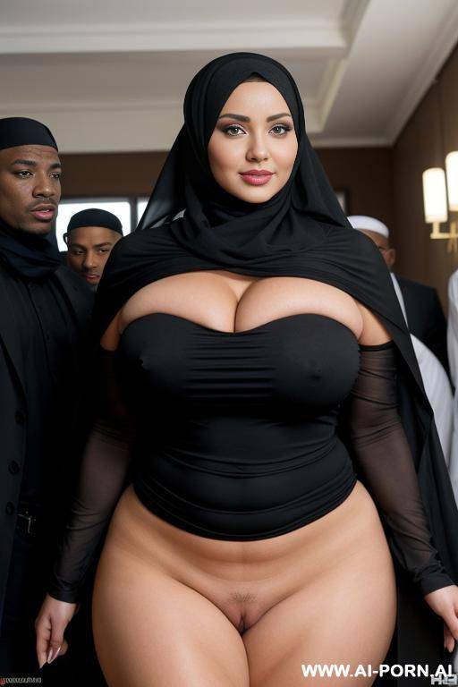 curvy russian busty milf fully naked wearing hijab surrounded by many black men - #main