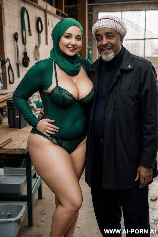 smiling curvy russian thick milf wearing hijab and green lingerie standing with homeless old black man in workshop - #main