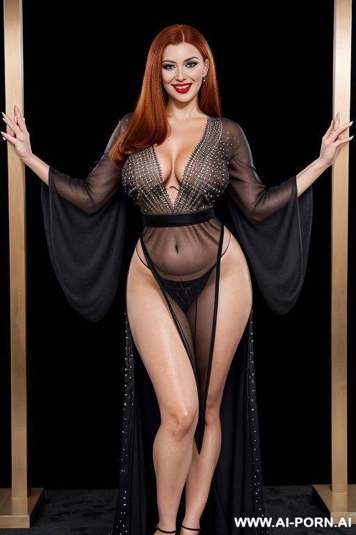 full view, eye contact, gorgeous cacked woman wearing see through black elegant batwing sleeve abiya kaftan tattoo, heavy make-up, pearl and diamond luxury - #main