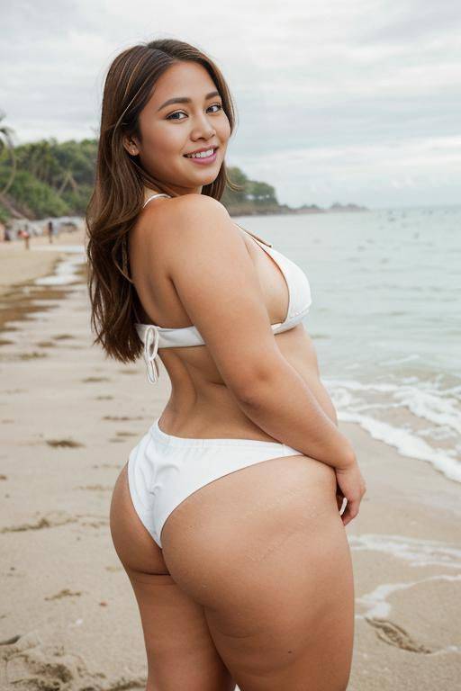 looking back, hands on hips, adjusting hair, beach festival, summer party, a fat chubby shorty filipina milf is posing in the beach wearing a (white bikini top) and (denim shorts). she is at - #main