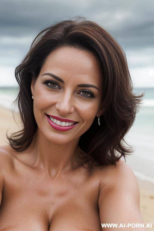 (((beautiful sexy attractive))) milf, beach, overcast cloudy day with diffuse soft light, closeup (eye contact), happy smile, [[lipstick]] - #main