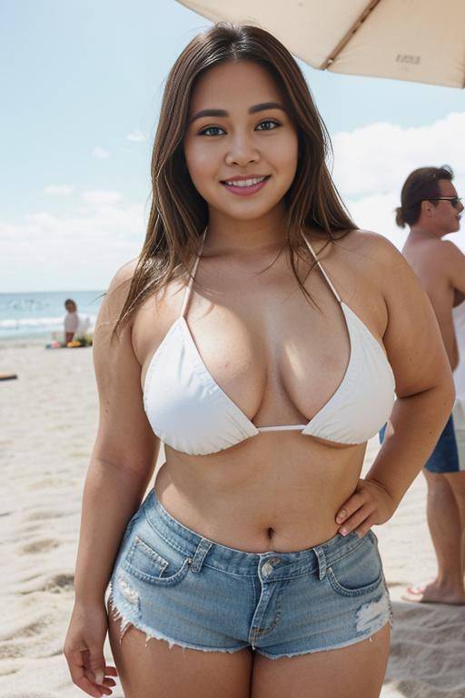 hands on hips, beach festival, summer party, a fat chubby shorty filipina milf is posing in the beach wearing a (white bikini top) and (denim shorts). she is at a beach party. she is - #main