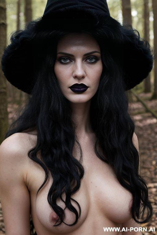 _photo realistic, wamp, goth skin, topless, no bra, black dress, black witch hat, ((very long big curly soft fluffy hair)), blue eyes - #main