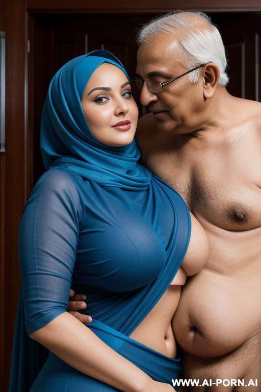 curvy russian thick milf with big boobs wearing blue hijab hugged from old indian man - #main