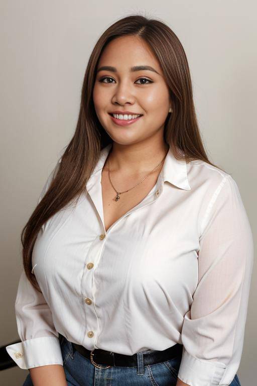 adjusting hair, headshot, front view, a fat chubby shorty filipina milf is posing in a studio. she is smiling. she has blonde highlights in her hair. the woman has long brown straight hair - #main