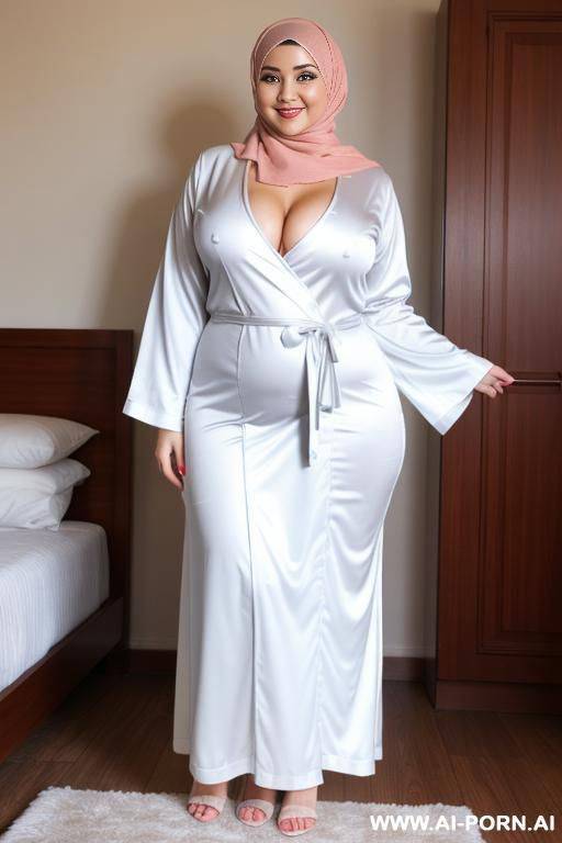 smiling curvy russian chubby wearing hijab standing opening her robe to show full body naked - #main