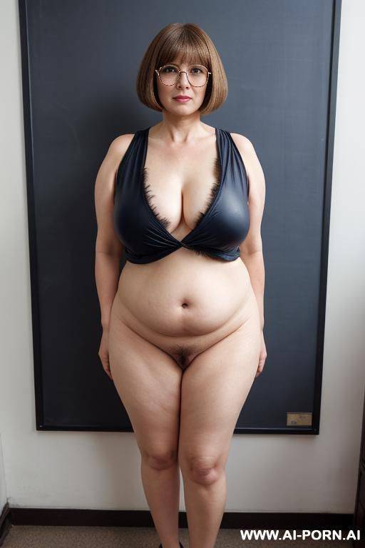 ((full body view)), bottomless, opened shirt, 4 y.o. ((puffy)) teacher with (( very hairy pussy, hairy pubic)) wrting on a blackboard, breasts and puffy belly, (standing legs spread), ((narrow hips)), classroom, blue pumps - #main