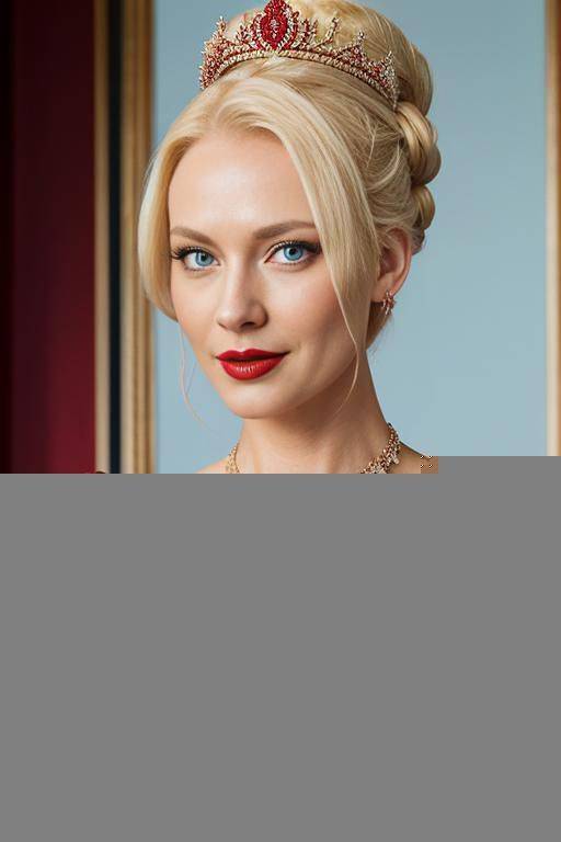 photo realistic, gorgeous, very beautiful, ((empress in red royal dress, topless)) ((royal palace location)), ((show nipples)), perfect boobs, (white pallid skin), (white skin), red lips, elegant necklace, diamond crown, (light blue eyes) - #main