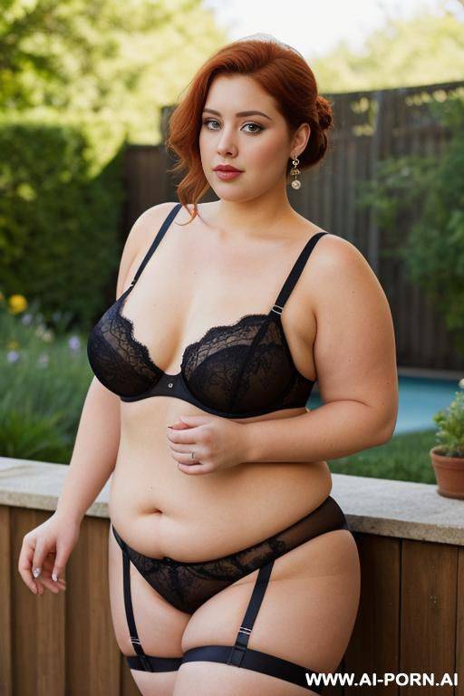 half-length photo, in the backyard area, a very fat chubby fat thick body and bbw chubby redhead british, she is rest at a sunny day. she has lovehandless and a soft medium tummy. she is - #main