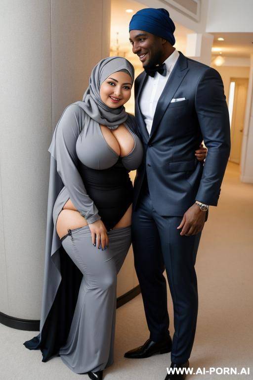 smiling curvy russian thick wife wearing hijab standing gray and blue hugged from black african man - #main