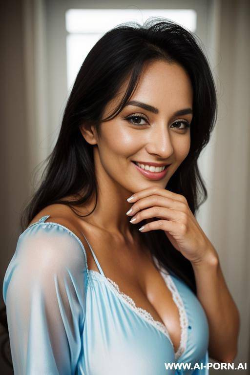 extremely tanned skin, extremely gigantic boobs, ultra realistic, beautiful face, beautiful eyes, standing straight, bare thighs, bare legs, long pajama top without pants, button-up pajama top, nightshirt - #main