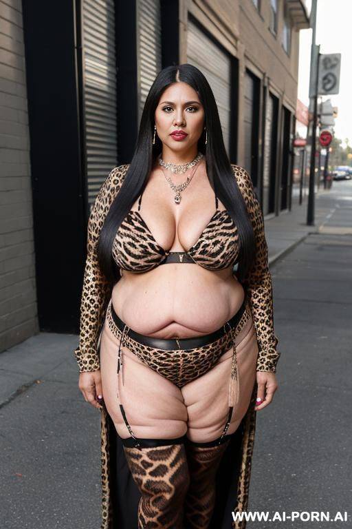 old milf, animal print hooker outfit, long straight hair, necklace, chocker, elries, street night, waist shot - #main