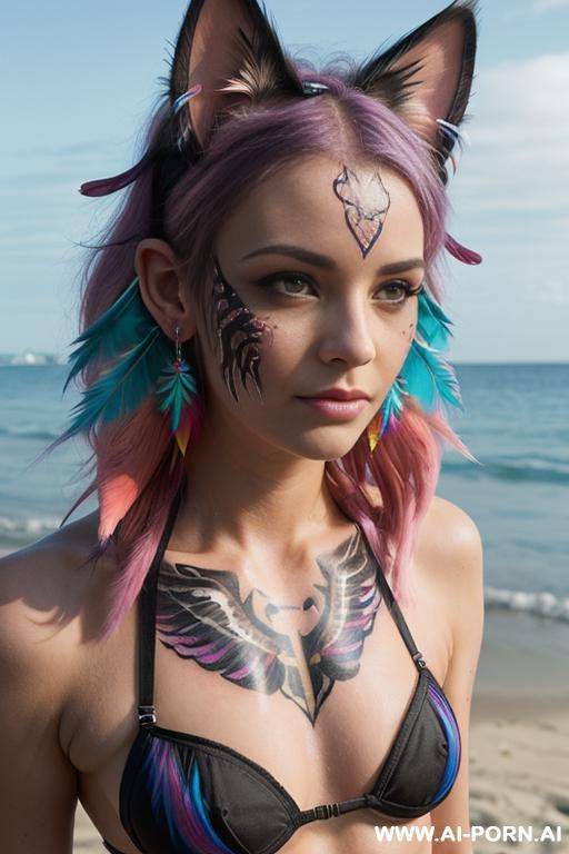face, sexy, beautiful, ((face painting)), ((bikini as seashell)), ((tattoo roses)), ((eyes shw)), ((angel wings)), ((rainbow hair)), ((long bu hair)), ((wind)), (( cat face)), (( cat ears)), (((feather - #main