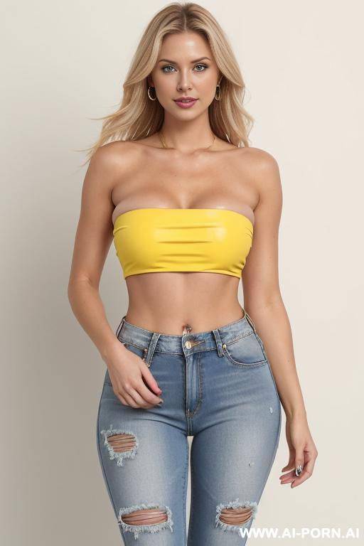 blonde wearing a cropped yellow strapless tube top with (no bra), ripped jeans, (hard nipples), pokies, tight cameltoe - #main