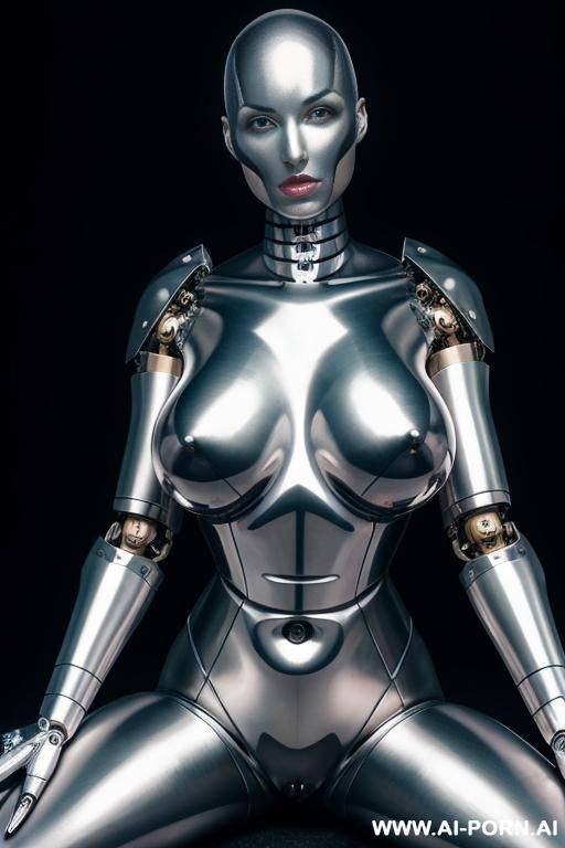 a {bald} {{mechanical}} {{{android}}} woman with {{{shiny metal skin}}} and {{mechanical joints}}, {{{holding a massive metal dildo}}} {{her vagina is spread open by hooks and clamps}} {{she has pointed metal nipples covers}} - #main
