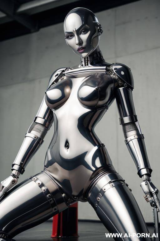 a {bald} {{mechanical}} {{japanese}} {{{android}}} woman with {{{shiny metal skin}}} and {{mechanical joints}}, {{{holding a massive metal dildo}}} {{her vagina is spread open by hooks and clamps}} {{she has pointed metal nipples covers}} - #main