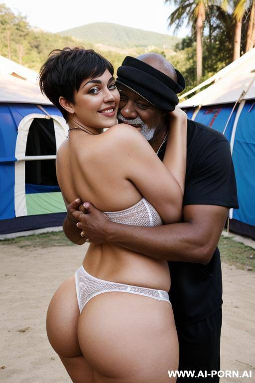smiling curvy russian busty wife with messy short haircut fully naked hugged from old homeless black man - #main