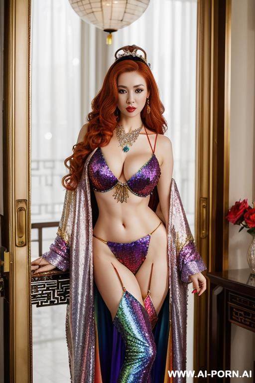 chinese，rainbow sequin corset，tutu skirt， mesh robe，rainbow sequin bra ,necklace，rainbow large pointed thigh-high boots - #main