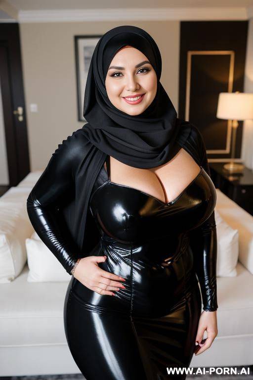 smiling curvy russian thick wife wearing hijab and black super woman costume standing - #main