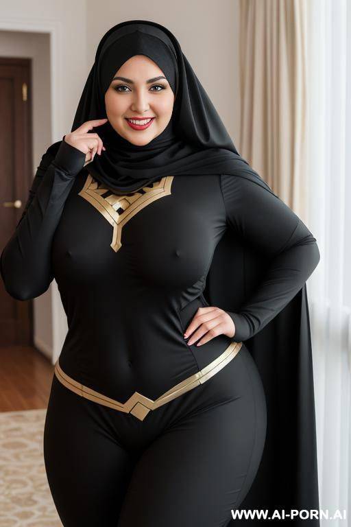 smiling curvy russian thick wife wearing hijab and black superwoman costume standing - #main
