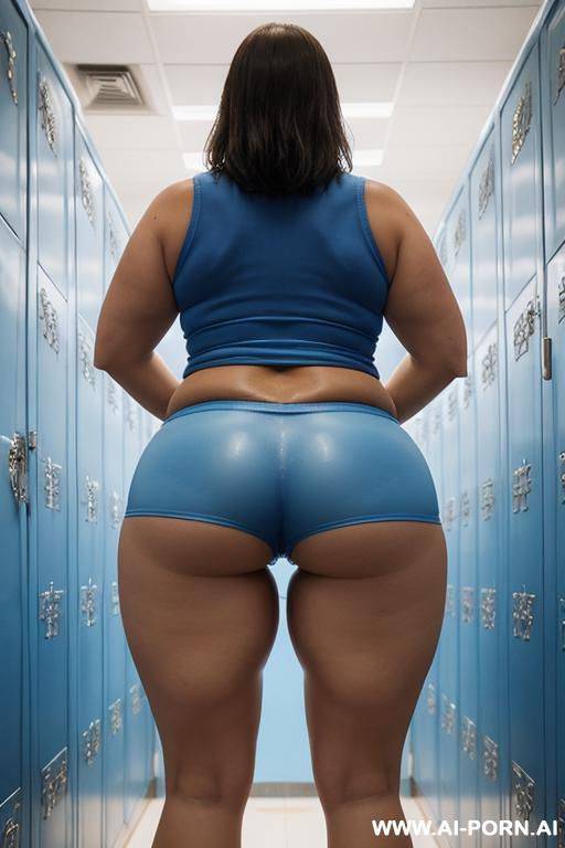 wearing a tight blue hotpants , full frontal view that shows beautiful legs and fat pussy - #main