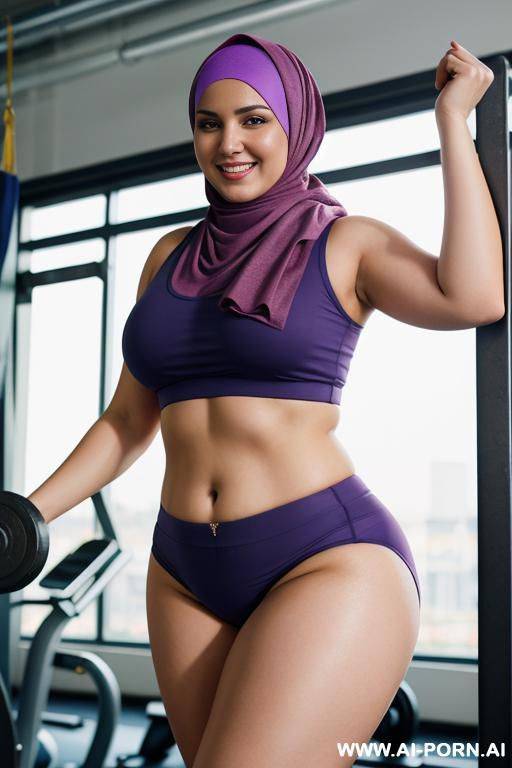 smiling curvy russian chubby wearing hijab and panties working out in gym , full shot, - #main