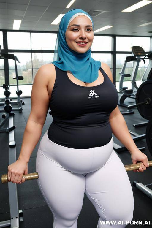 smiling curvy russian chubby wearing hijab working out in gymfull shot, bottomless - #main