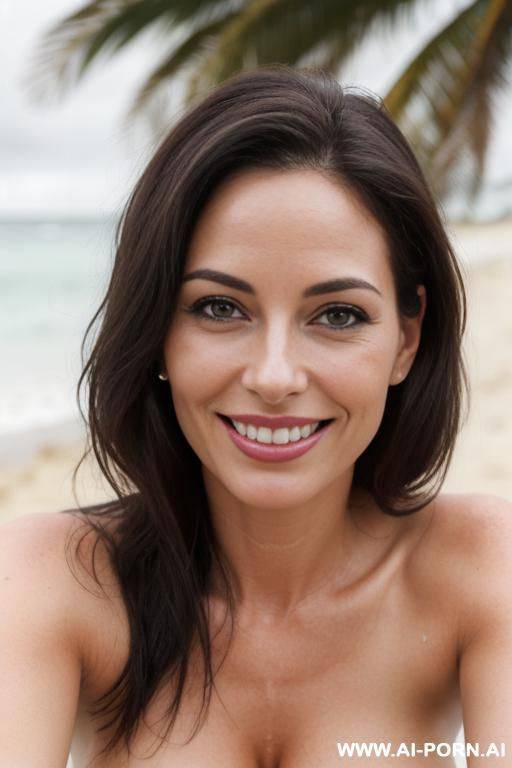 (((beautiful sexy attractive))) milf, (closeup), beach, overcast cloudy day with diffuse soft light, (eye contact), happy smile, [[lipstick]] - #main