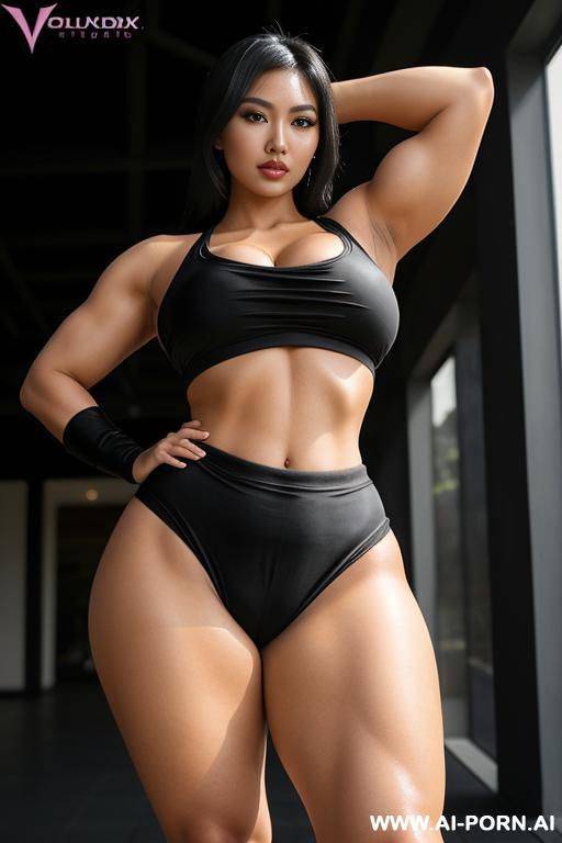 malaysian, humongous breasts, beautiful, masterpiece, muscular body, black hair, voluptuous, hourglass figure, ((spandex haltertop)), ((spandex shorts)), ((ultra realistic)), looking at viewer. - #main