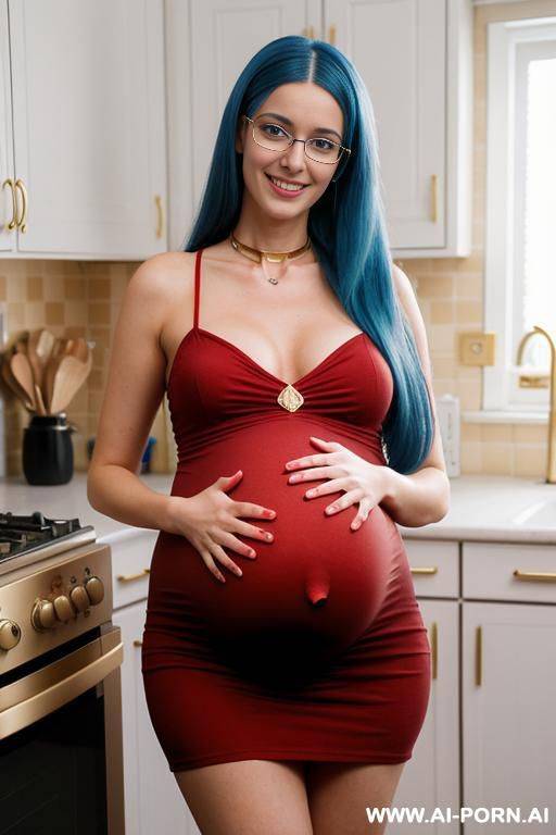 perfect body in a short red dress, long straight hair, gold choker, nerd glasses, hands on chin - #main