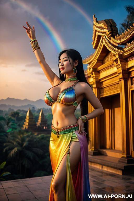 flowering rainbow​ woman realistic​ ancient​ laos​ goddess​ shine and dancing​ in sky show​ boobs​ - #main
