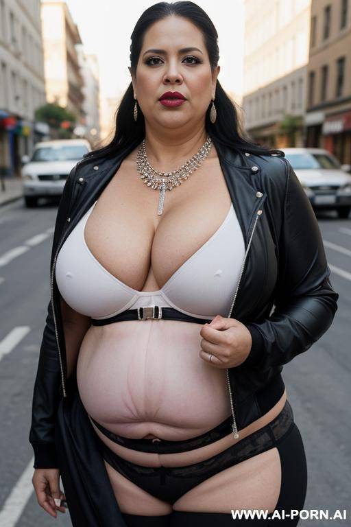 latina, fat old milf, animal print hooker outfit, huge saggy boobs, crop jacket, clean tummy, necklace, chocker, elries, street night, waist shot - #main