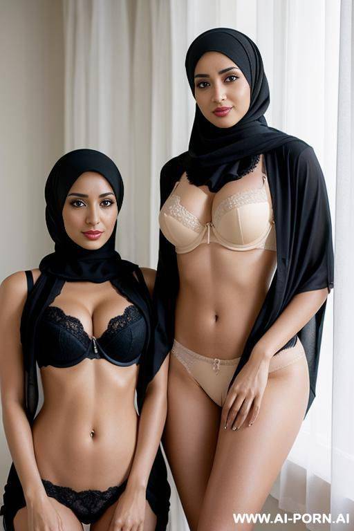 two arab womans in a hijab and bra hiding their private parts with a cushion - #main
