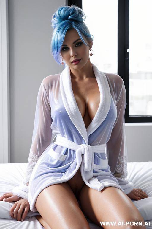 (sheer short white completely open bathrobe), laying back in bed with legs spread open, unbuttoned unzipped legs spreading detailed vagina cleavage, eye contact, looking at camera, earrings, makeup - #main