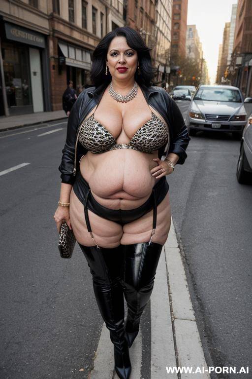 latina, fat old milf, animal print hooker outfit, huge saggy boobs, crop jacket, clean tummy, necklace, chocker, elries, high heels boots, street night, waist shot - #main