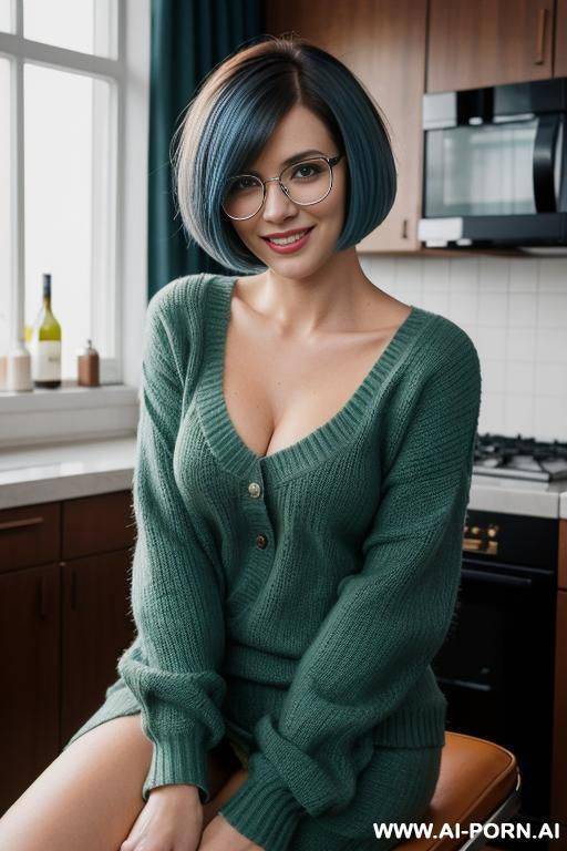 blond playmate ,smiling, naked, short razor cut hair, (((busty))), green sweater - #main