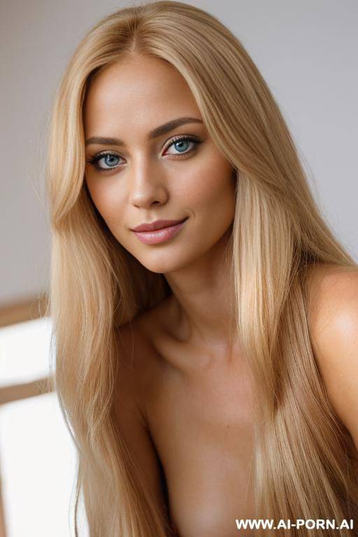 (beautiful babe model), (tan skin) (fully nude), ((high quality))), ((long golden hair)), ((soft seductive smile)), (even lighting), (short), (far away) - #main
