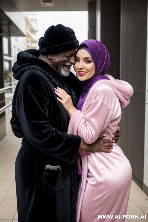 smiling curvy russian brunette busty wife wearing colored hijab and lingerie hugged from old black homeless man - #main