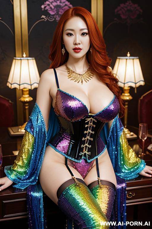 chinese，rainbow sequin corset，tutu skirt， mesh robe，rainbow blue sequin bra ,necklace，rainbow large pointed thigh-high boots - #main